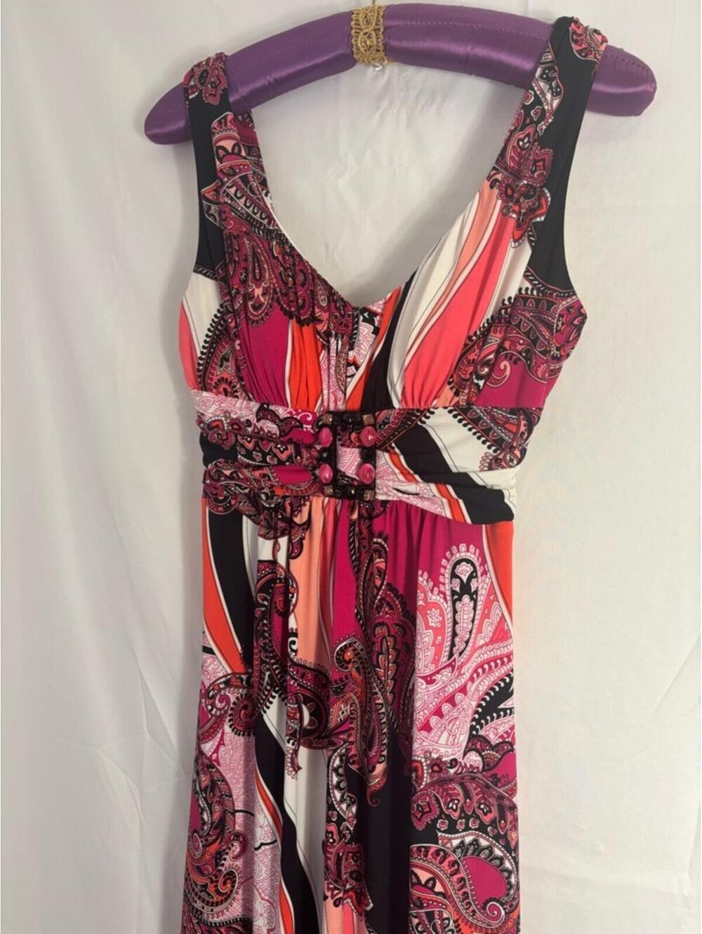 Y2K Pink+Black Paisley Gemstone Belted Babydoll Whimsigoth Maxi Dress Size S